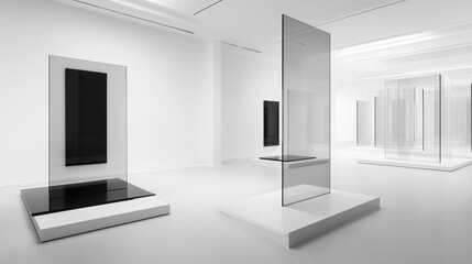 Fototapeta premium Minimalist white showroom interior, futuristic concept, floating glass panels, soft glowing LED strips, ultra-modern space, surreal lighting, ultra-HD clarity