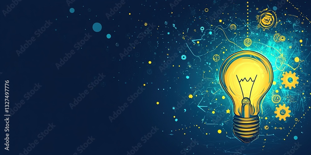 Poster bright light bulb surrounded by colorful abstract patterns and symbols representing innovation and c