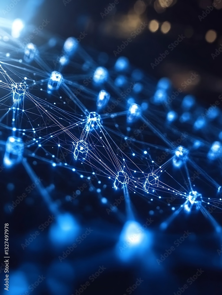 Poster futuristic glowing digital network connecting nodes and data points