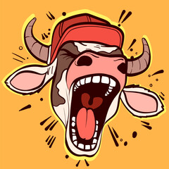 Street style art of a graffiti cow head screaming. Angry bull with horns and a hat being angry.