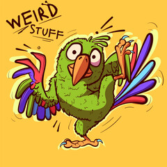 Quirky and funny cartoon parrot with colorful wings holding up a foot. Weird and crazy tropical bird being silly.