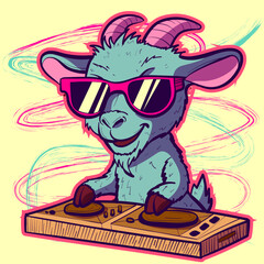 Cool DJ goat partying and mixing the disk. Farm animal working at a club as an audio engineer. 