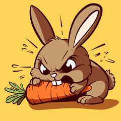 Angry bunny devouring a carrot. Cute and mad rabbit with beige fur eating a vegetable.