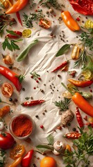 Vibrant Array of Spices and Herbs Spread on a Textured Surface Showcasing Their Colors and Textures