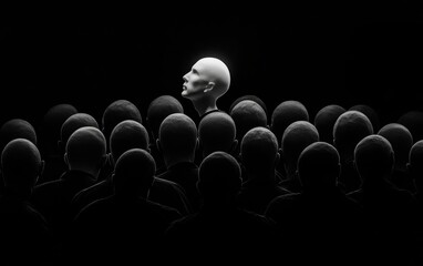 Obraz premium Futuristic monochrome crowd of mannequin-like people, a single illuminated figure breaking conformity in a cinematic dystopian atmosphere
