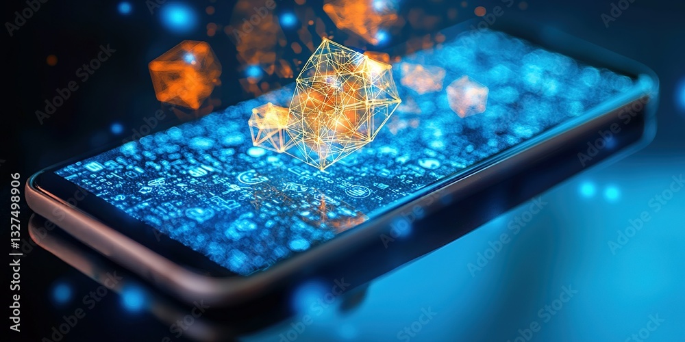 Poster digital transformation shown through a smartphone displaying glowing data graphics and connectivity 
