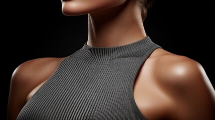 Close-up of a woman's shoulders and neck,  wearing a ribbed gray top against a dark background.  The lighting highlights her sun-kissed skin.