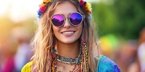 Modern free-spirited woman with a bohemian hippie vibe and vibrant style with bold colors