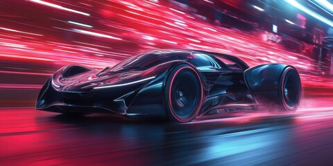A Futuristic Black Sports Car Driving Through Colored Light Streaks
