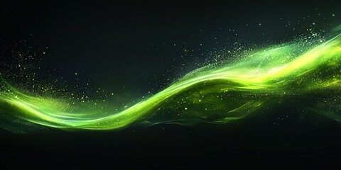 Dynamic green wave with shimmering particles creates a mystical ambiance in a dark background