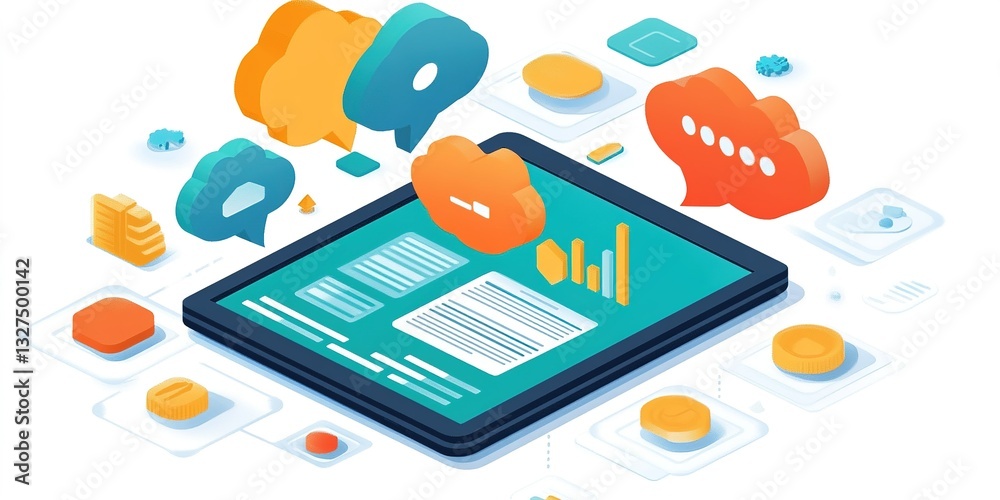 Poster digital communication and data analysis on a tablet with interactive elements and colorful icons
