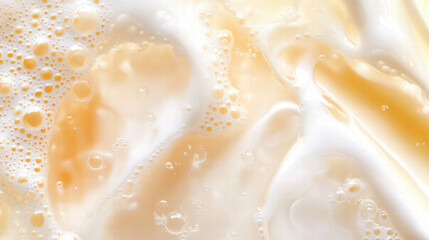 Fototapeta premium Close-up texture of light beige oil substance with bubbles and swirls for skincare design