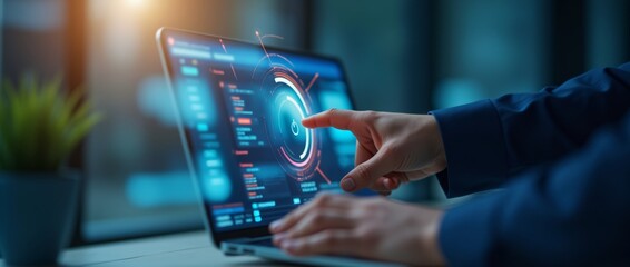 Woman interacting with futuristic touchscreen interface. Digital technology concept for data analysis, cybersecurity, and artificial intelligence in business applications