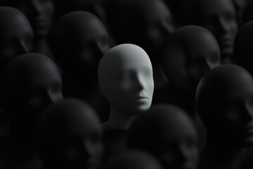 Obraz premium Artificial intelligence dystopia, motionless clones in an eerie monochrome environment, a single figure breaking free, photorealistic 3D