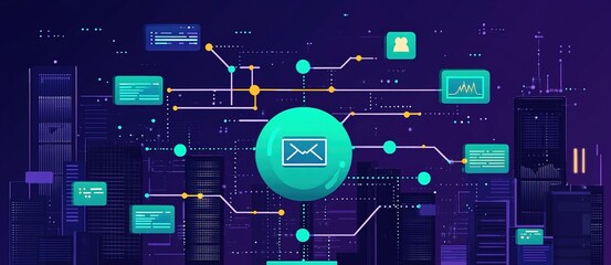Digital communication network with interconnected data points and city skyline at night