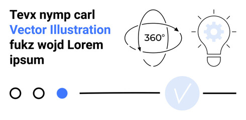 Text elements paired with 360-degree rotation, lightbulb with cogwheel inside, selection circle, and checkmark. Ideal for innovation, technology, creativity, brainstorming, problem-solving digital