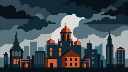 The once grand and imposing buildings of the city were now mere silhouettes against the dark foreboding clouds a metaphor for the crumbling economic and social structures within.. Vector illustration