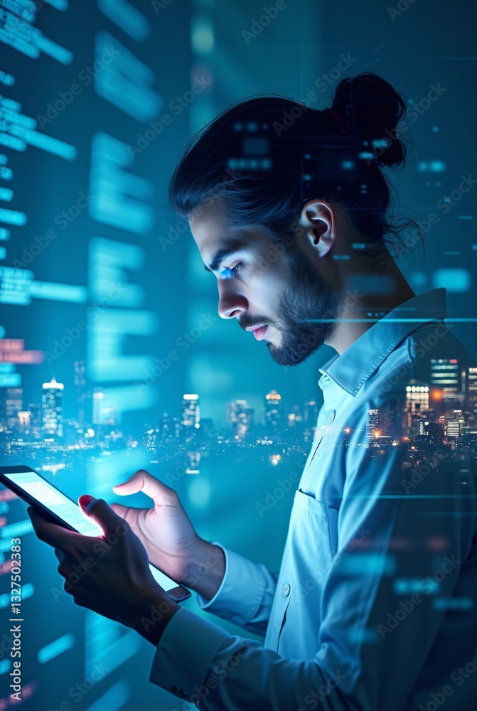 Wall mural man using smartphone in futuristic city. digital data streams and urban skyline. cybersecurity, smar