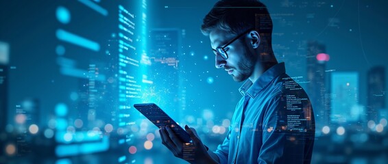 Man using digital tablet in futuristic city at night. Smart technology and urban innovation concept. Digital transformation in modern metropolis with data visualization