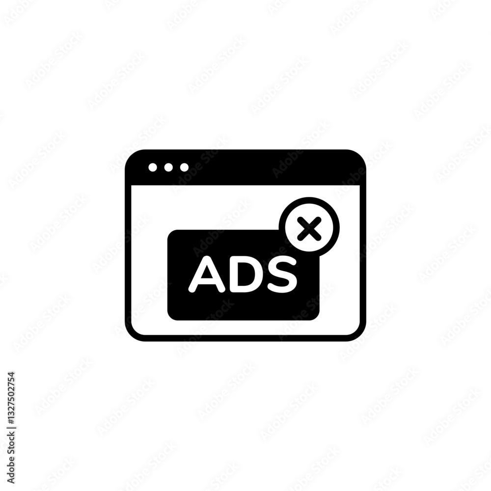Poster simple black icon showing an ad popup with a cross mark to indicate the action of blocking ads.
