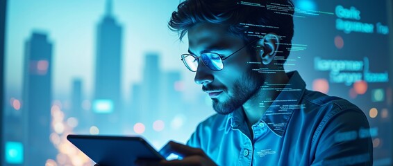 Man using tablet in futuristic cybersecurity environment. Digital data protection, network safety, and hacking prevention concept. Blue neon cityscape background.