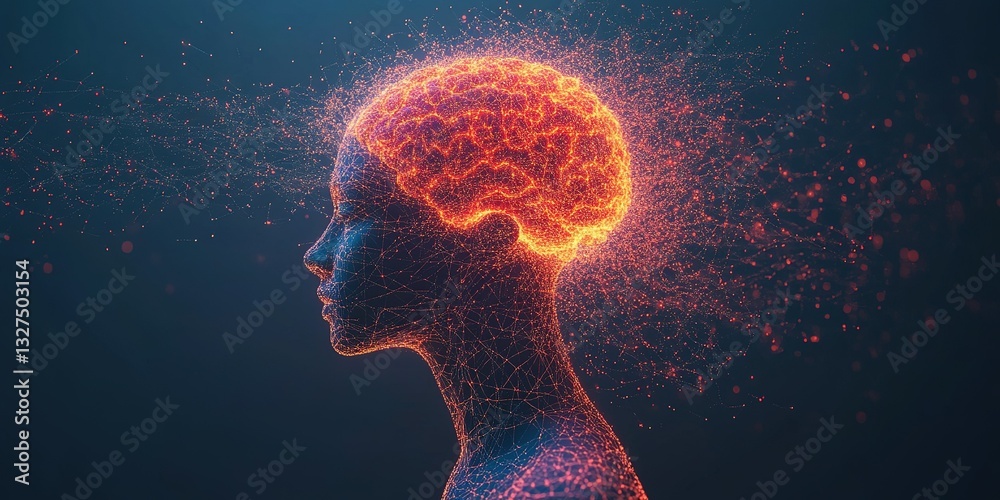 Poster bright and dynamic representation of a brain showcasing neural connections and energy in a dark sett