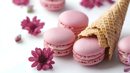 Fototapeta premium Pink macaroons in cone and flowers on white