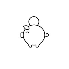 Minimalist design shows a round piggy bank with a coin slot on top in black line art style.