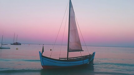 Boat sails at twilight on calm sea backdrop