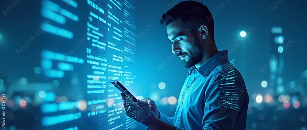 Wall mural man using smartphone with futuristic data overlay. digital transformation concept. smart city techno
