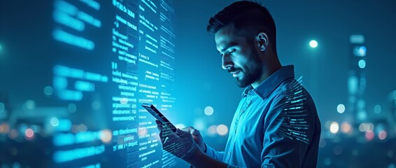 Man using smartphone with futuristic data overlay. Digital transformation concept. Smart city technology, mobile app development, and cybersecurity in urban environment.