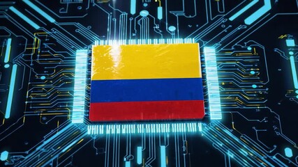 Microchip with the Colombian flag embedded in a futuristic circuit board. Technology and digital innovation concept - Powered by Adobe