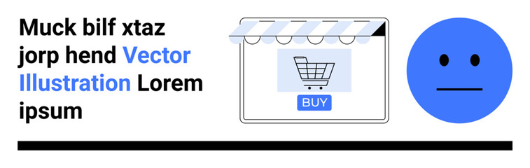 Fototapeta premium Online storefront with shopping cart and Buy button next to blue emotion face. Ideal for e-commerce, online retail, UX design, digital marketing, consumer behavior, visual design, flat landing page
