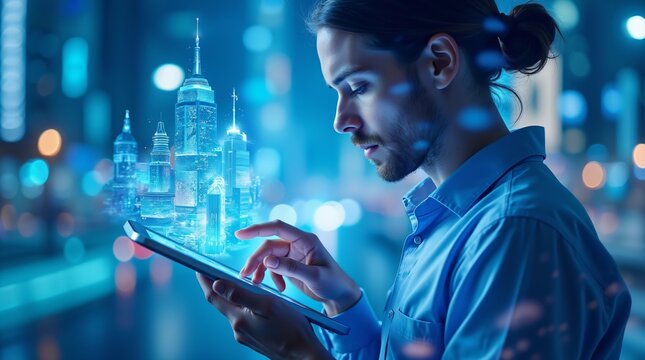 Man using digital tablet with holographic city skyline. Smart urban planning, digital twin technology for modern metropolis development and sustainable infrastructure concept