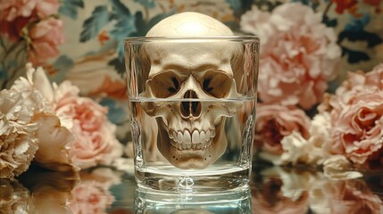 Skull submerged in water glass, floral background, reflective surface