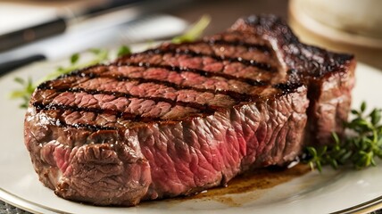 Medium-Rare Grilled Steak with Thyme Garnish on White Plate