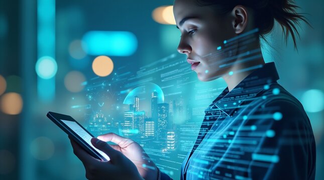 Woman using smartphone with 5G network hologram. Digital transformation and wireless technology concept. Future mobile connectivity in smart city at night