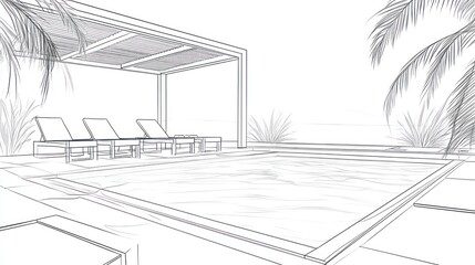 Outdoor poolside design concept.  Architectural blueprint of a luxury patio featuring a swimming pool, lounge chairs, and a pergola
