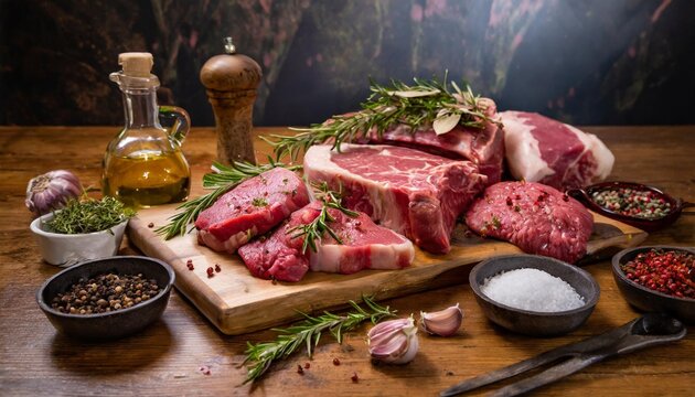 Assorted Raw Meat with Seasonings – Butcher Shop Setup for Culinary and Recipe Development Content