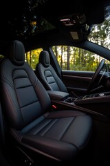 Luxurious Black Leather Car Interior with Sunlit Forest Background in Modern Vehicle