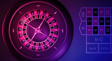 Retro neon lights Roulette, top view. Casino online games concept, with vibrant colors. A fantasy 3D illustration betting template