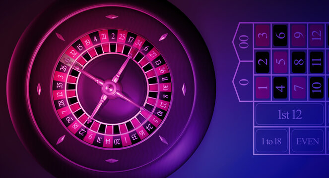 Retro neon lights Roulette, top view. Casino online games concept, with vibrant colors. A fantasy 3D illustration betting template