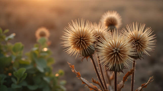 Dried Thistle Burdock Seed Heads Close Up Spiky Brown Plants Sunset Light Nature Photography