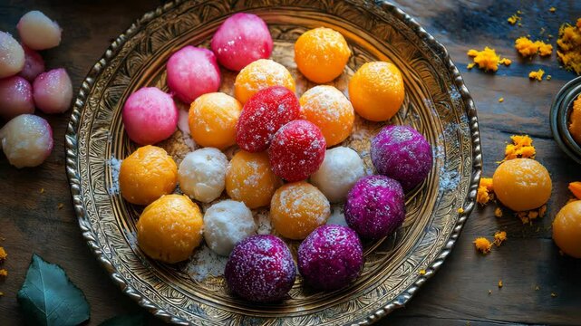 A decorative plate filled with vibrant Indian sweets, symbolizing festivity, tradition, and celebration in Indian culture. . High quality 4k footage