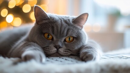 Obraz premium Grey British Shorthair Cat Relaxing on a Keyboard