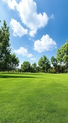 Fototapeta premium Bright green grass stretches across a tranquil field, set against a clear blue sky filled with soft white clouds on a sunny day