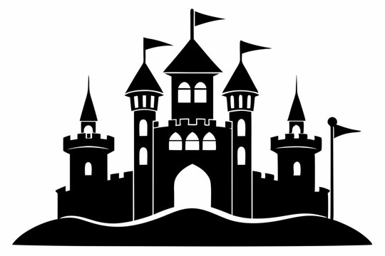 recommend clip art: castle with tower and flags line art silhouette vector illustration