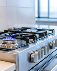Modern gas stove with blue flames