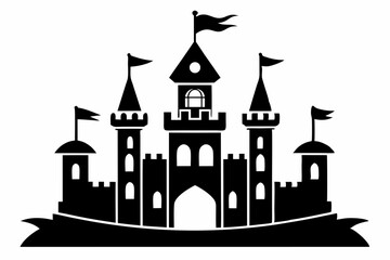 Obraz premium castle with tower and flags line art silhouette vector illustration