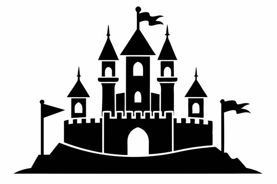 recommend clip art: castle with tower and flags line art silhouette vector illustration